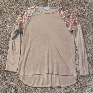 She and Sky Tan Sequin Shoulder Long Sleeve Top